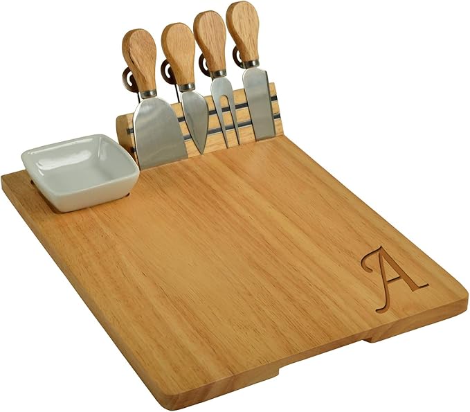 Picnic at Ascot Personalized Monogrammed Laser Engraved Hardwood Board for Cheese & Appetizers - Includes 4 Cheese Knives, Cheese Markers & Ceramic Dish - Designed in California