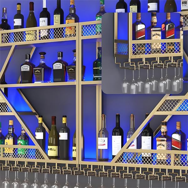 94.48in Metal Wine Rack Wall Mounted, Modern Wine Storage Rack Wall Mounted with Wine Glass Holder, Liquor Shelf, Bar Shelves for Liquor Bottles (3TIERS Gold, 94.48 * 7.87 * 33.85INCH)