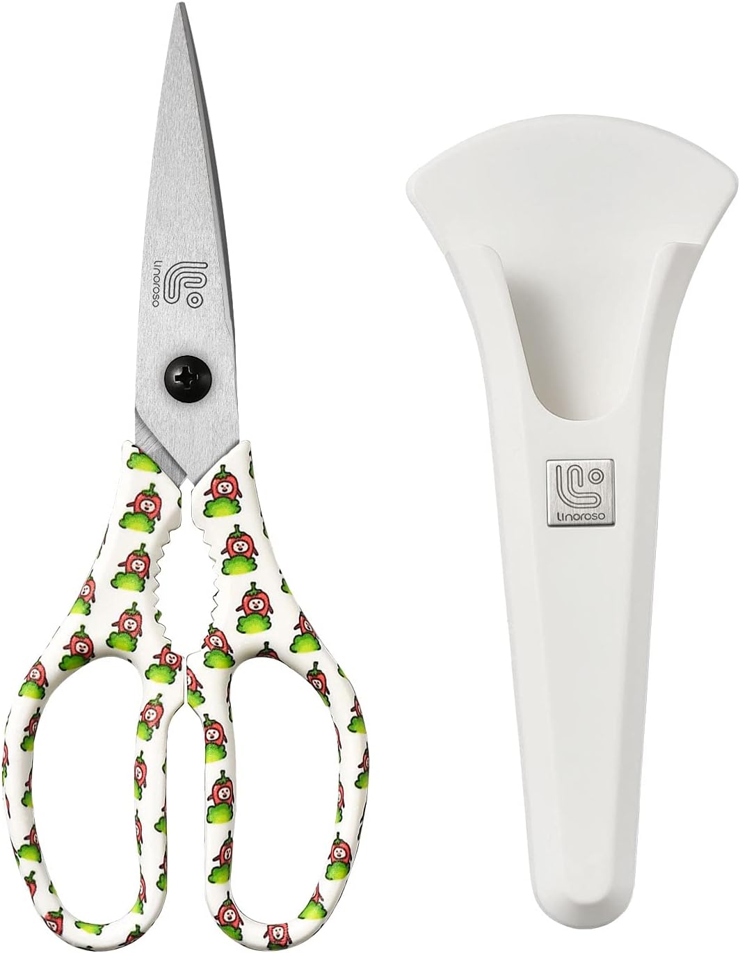 Linoroso Kitchen Scissors Heavy Duty Kitchen Shears with Magnetic Holder Made with Japanese Steel 4034, Multipurpose Ultra Sharp Cooking Scissors for Meat/Vegetables/BBQ/Herbs/Pizza (Graphic,Chili)