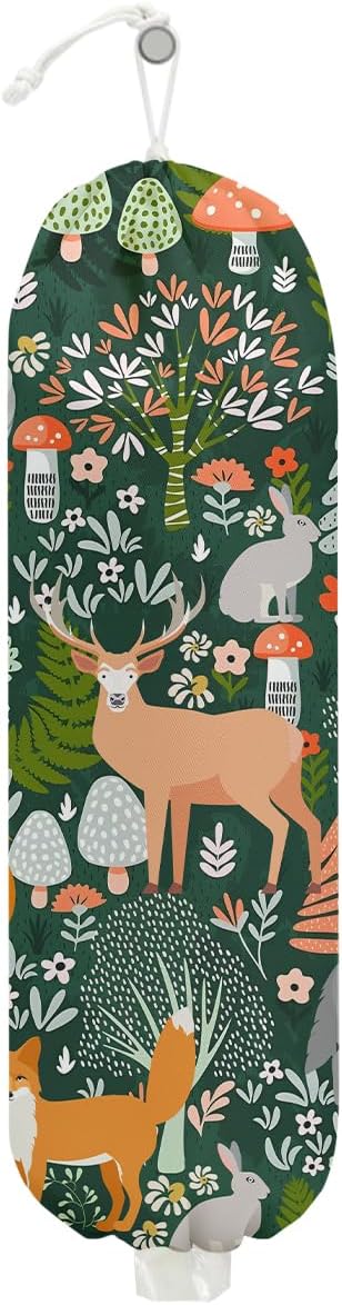 Forest Animals Plastic Bag Holder, Wall Mount Grocery Bag Holder, Plastic Storage bag, Pull Rope Free Adjustment, Plastic Bag Holders for Grocery Bags, Plastic Bag Dispenser for Home Kitchen
