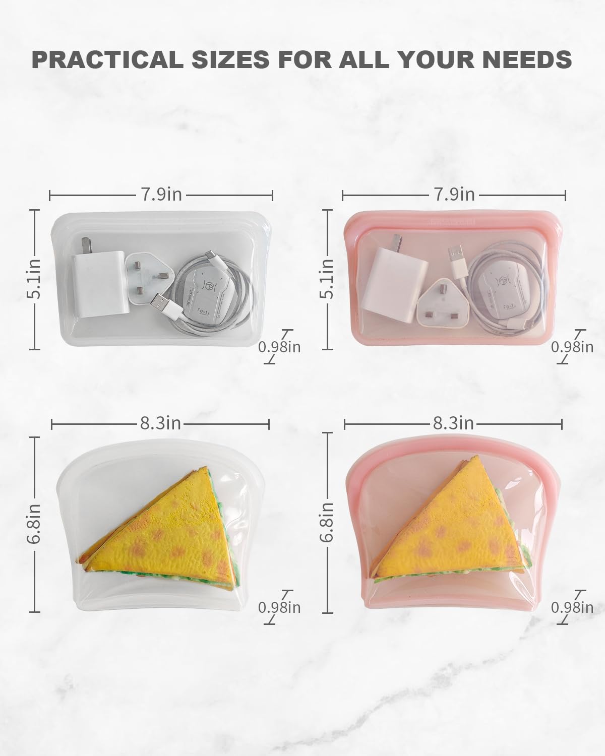 Reusable Silicone Storage Bags, 4Pack Snack Sandwich Sandwich Bags, Endurables Seal-Top Silicone Bags for Food Storage, Freezer, Microwave, Oven, Dishwasher Safe (Clear & Rose Quartz)