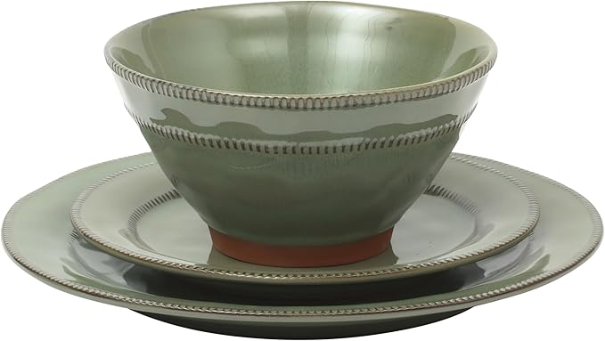 Gibson Elite Terranea 12 Piece Dishes Reactive Glaze Plates and Bowls Terracotta Dinnerware Set - Service for 4 - Green
