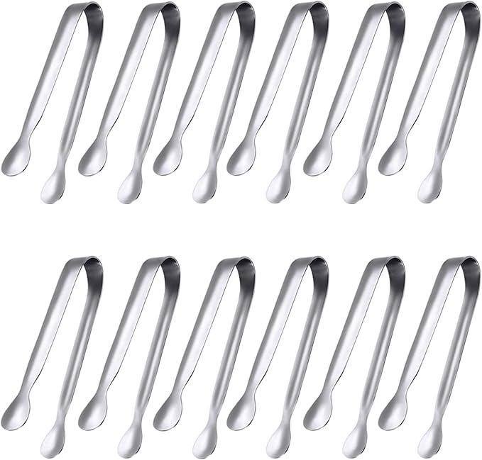 JCREN 12 Pack Serving Tongs, Small Serving Utensils for Catering, Food-Grade 304 Stainless Steel Serving Tongs Appetizer Tongs for Tea Party Coffee Bar Taco Bar, 4" Mini Kitchen Tongs - Silver