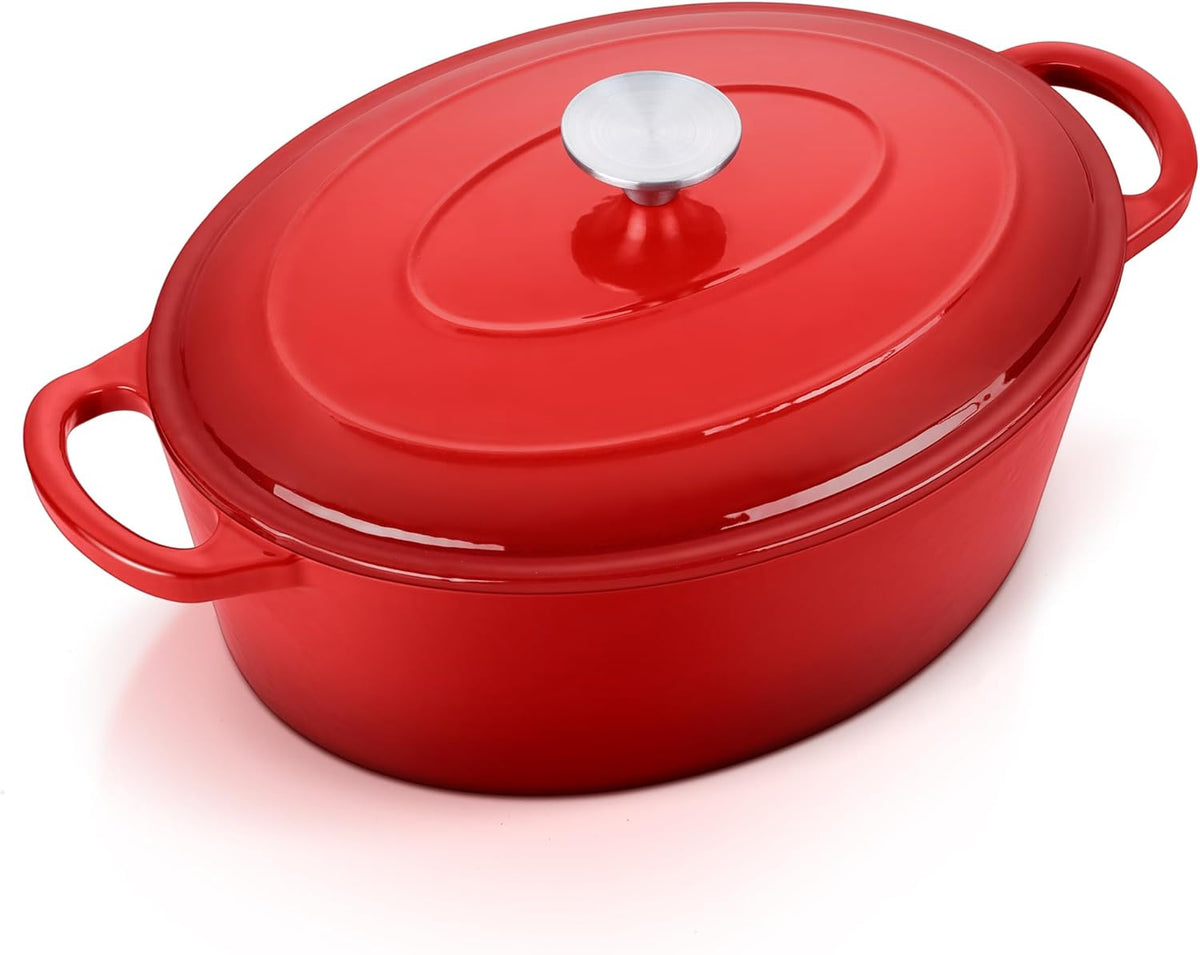 E-far 7QT Oval Dutch Oven Pot with Lid, Enameled Cast Iron Dutch Oven with Dual Handles for Sourdough Bread Baking Cooking, Nonstick Enamel Coated Cookware(Red), Non-Toxic & Easy Clean