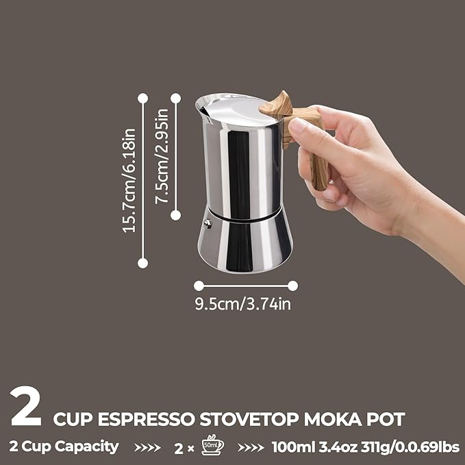 Uncoated 2 Cup Moka Pot 304 Thickened Stainless Steel Coffee Maker Stovetop Espresso Coffeemaker Italian Classic Style Brewing Greca Cafe Mocha Machine for Cafeteras Camping Travel Home 100ml 3.3oz