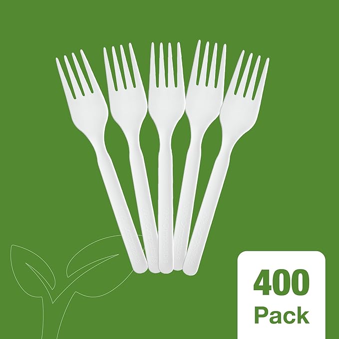 100% Compostable PLA Forks Bulk Pack 400 Pcs Biodegradable Disposable Plastic Cutlery Utensils