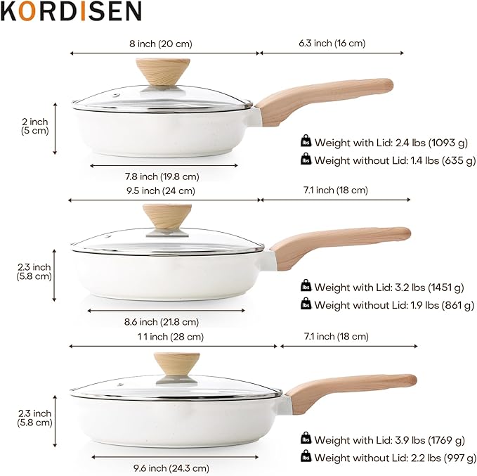 Kordisen Ceramic Nonstick Frying Pan Skillet Set with Lid, 3 Piece Ceramic Pans for Cooking Non Toxic, Healthy Induction Cookware, Stay-Cool Handle, PFOA & PFAS Free (8 Inch, 9.5 Inch, 11 Inch)