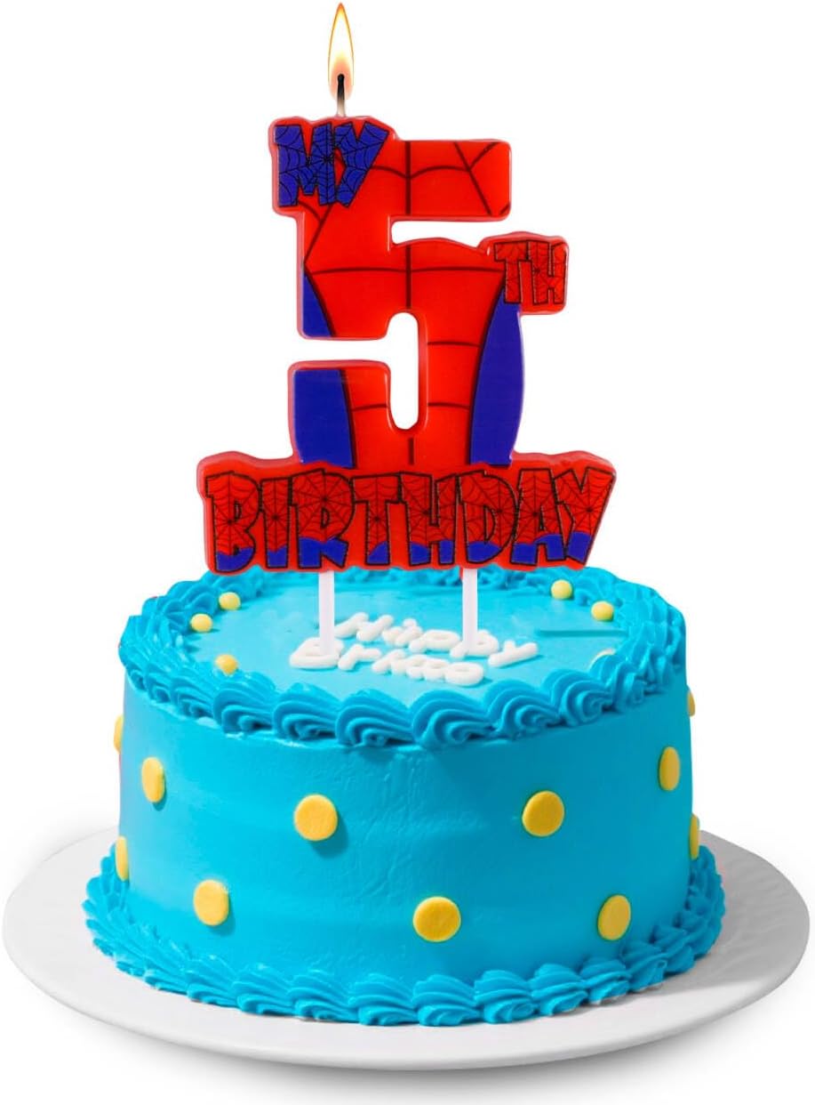 Spider Birthday Party Decorations, Number 5 Red Spider Web Happy Birthday Cake Candle for Boys Girls Spider Web 5th Birthday Party Supplies (Spider Web 5th Candle)