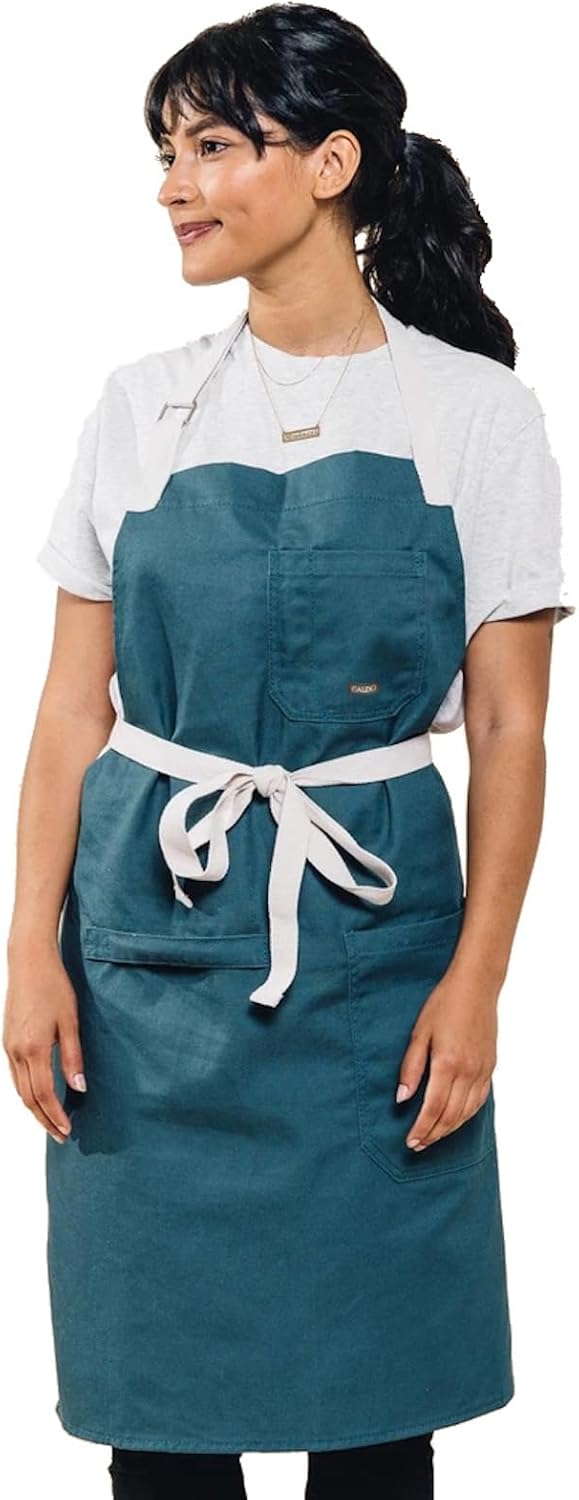 Caldo Daily Cotton Kitchen Apron for Cooking- Mens and Womens Professional Chef or Server Bib Apron - Adjustable Straps with Pockets and Towel Loop (Spruce)