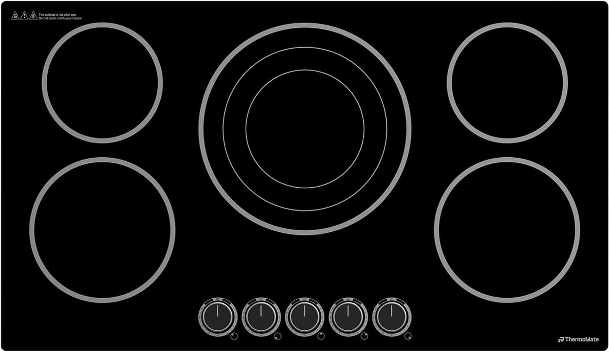 ThermoMate 36 Inch Electric Cooktop, 5 Burners Knob Control Built-in Ceramic Cooktop, 30" Radiant Electric Stove Top of 9000W with 9 Heat Levels, Hot Surface Indicator, 220-240v, Hard Wired