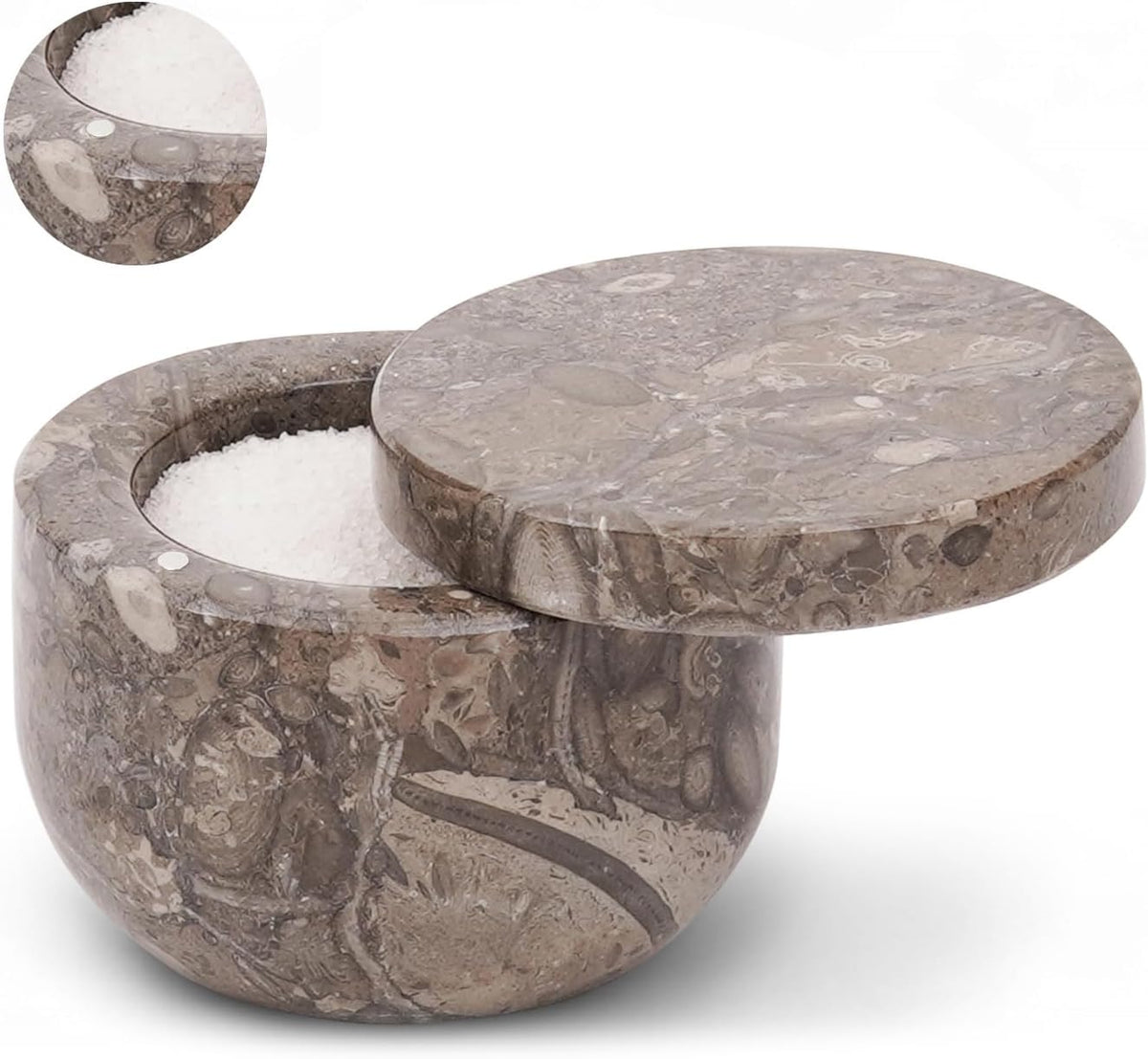 Marble Salt Cellar with Swivel Lid 3 Inch Salt Box Oceanic Salt and Spice Jar Storage Magnetic Lock Container, Salt Crock for Sea Salt, Flaky Salt, and Sugar