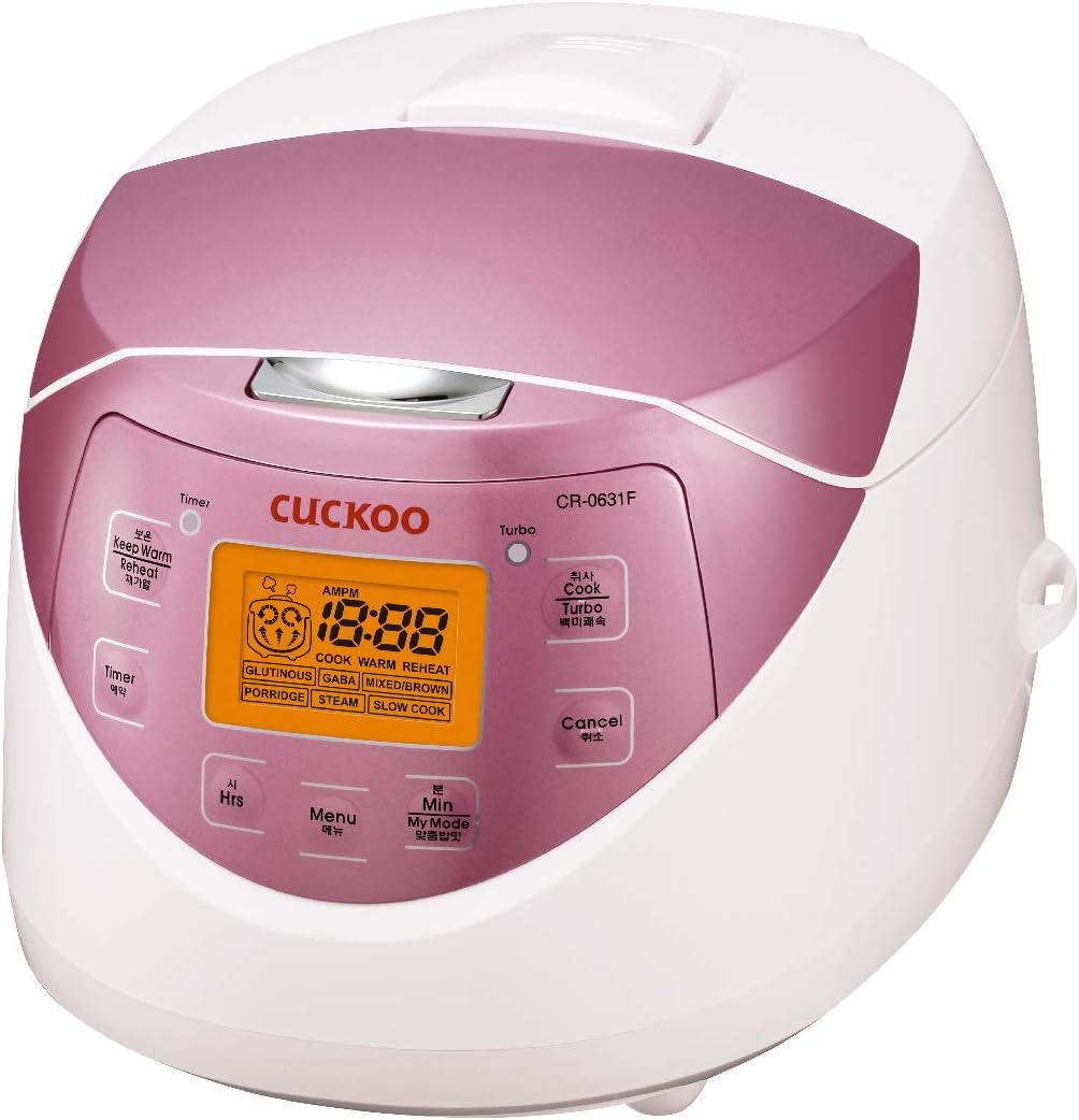 CUCKOO CR-0631F 6-Cup (Uncooked) / 12-Cup (Cooked) Micom Rice Cooker with Nonstick Inner Pot, 7 Menu Modes, LCD Display, Fuzzy Logic Tech, Auto Clean (White/Pink)