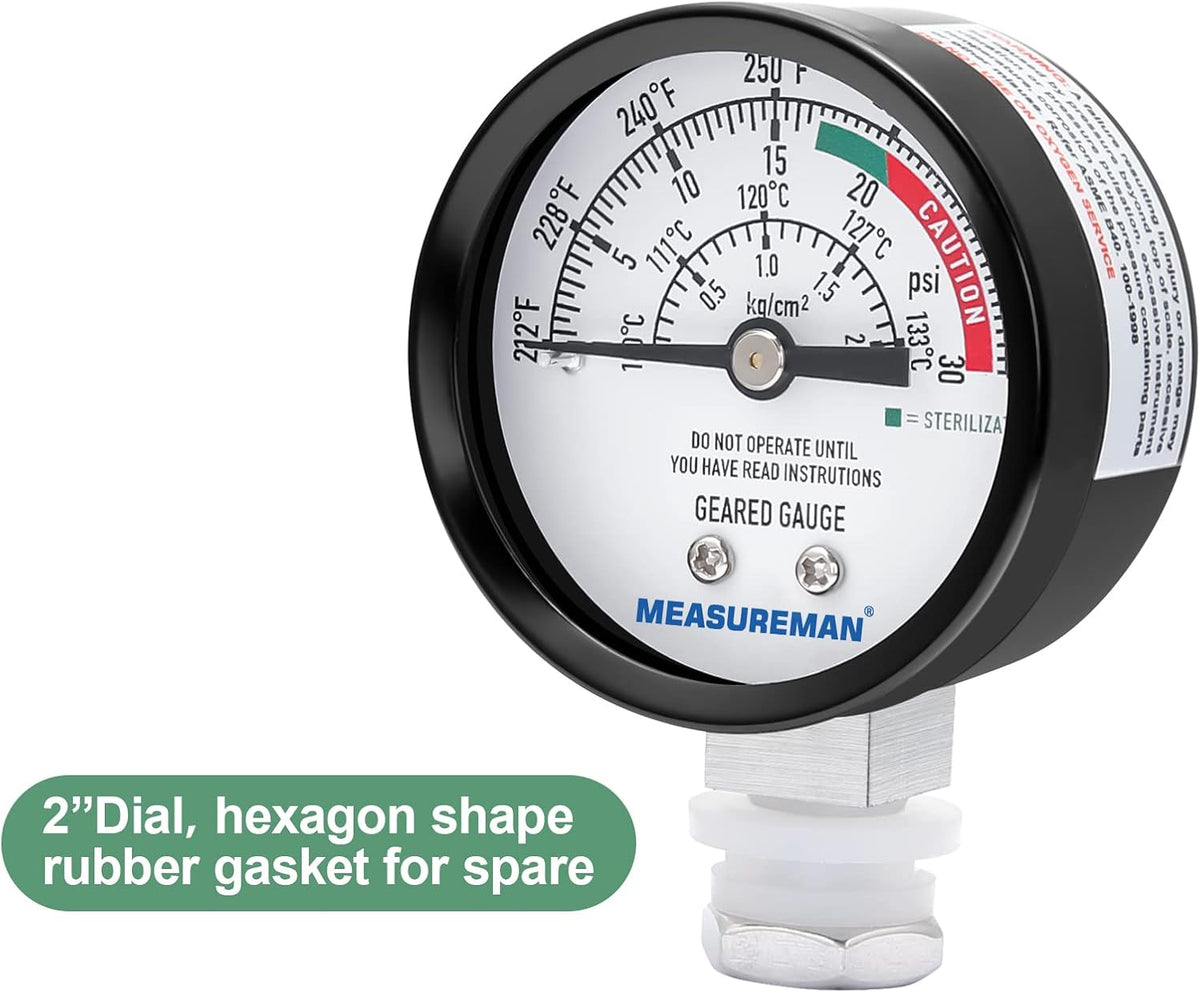 MEASUREMAN Black Steel Pressure Cooker Gauge, Pressure Canner Gauge, Steam Pressure Gauge, 2" Dial, Lower Mount, Including Hexagon Gasket and Nut