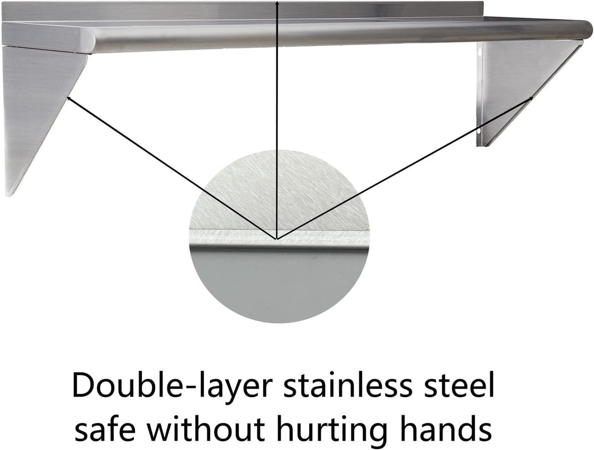 Stainless Steel Shelf 12"x36", Space-Saving Wall Mounted Shelving, 280lb Heavy Duty Steel Shelves with Easy-Clean Surface for Kitchen, Restaurant, Bar, Hotel (Commercial & Home Use)