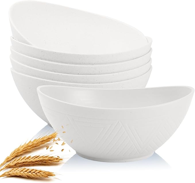 Homienly Wheat Straw Bowls, Large Salad Bowls Set of 6, 60 OZ Large Capacity Serving Bowl for Kitchen, Picnic, Camping,Lightweight Unbreakable Microwave and Dishwasher Safe Big Bowl - White