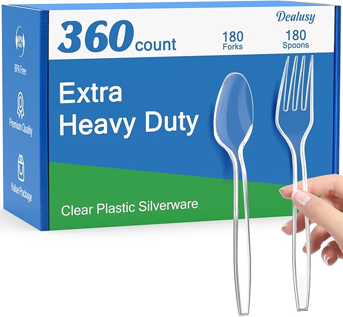 360 Count Extra Heavy Duty Clear Plastic Forks and Spoons, 180 Forks & 180 Spoons, Heat Resistant, Disposable Plastic Silverware Set