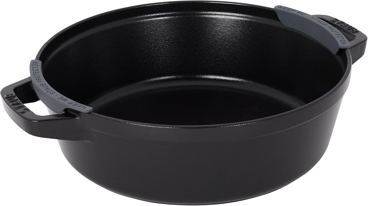STAUB Cast Iron Set 4-pc, Stackable Space-Saving Cookware Set, Dutch Oven, Skillet, Grill Pan with Universal Lid, Made in France, Matte Black