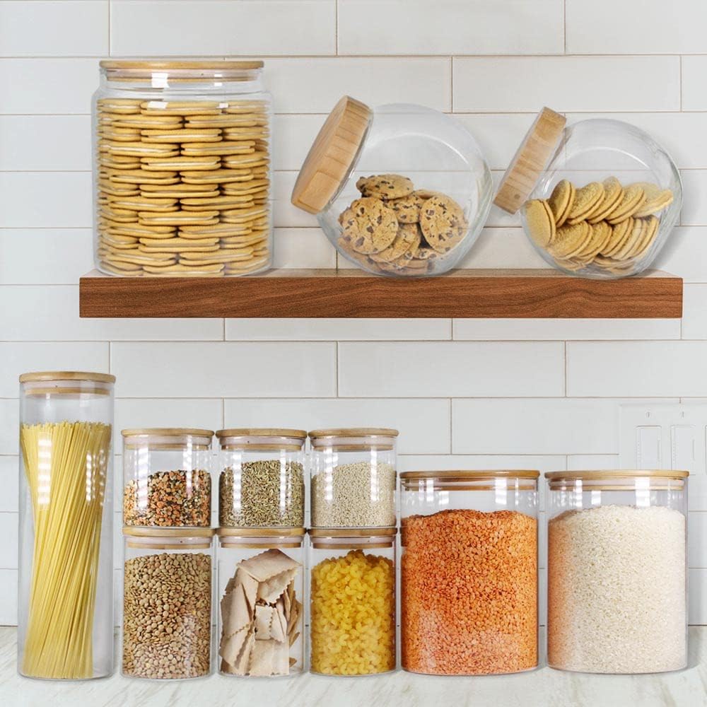 Glass Jars with Bamboo Lids (27oz in 6 Pack), Glass Food Jars and Canisters Sets, Food Storage Container with Airtight Lids, Food Pantry Jars,