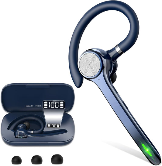 Bluetooth Headset, Wireless Bluetooth Earpiece with 500mAh Charging Case 72 Hours Talking Time Built-in Microphone for iOS Android Cell Phone, Hand-Free Headphones for Trucker, Office-Blue