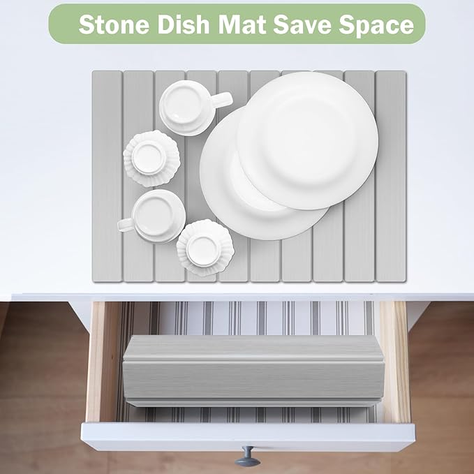 Stone Dish Drying Mat for Kitchen Counter,24"(L)×16"(W) Collapsible Fast-Drying Diatomaceous Earth Mats with Towel Sanding Tool,Versatile Stone Drying Mats for Cups Dishes Bottles