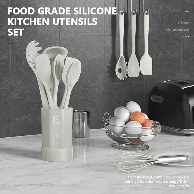 AOTHOD Silicone Cooking Utensils Set - 446°F Heat Resistant Silicone Kitchen Utensils,Spatula,Spoon, Kitchen Utensil Sets Gadgets Tools Set for Nonstick Cookware,Dishwasher Safe Bpa Free (Cream White)