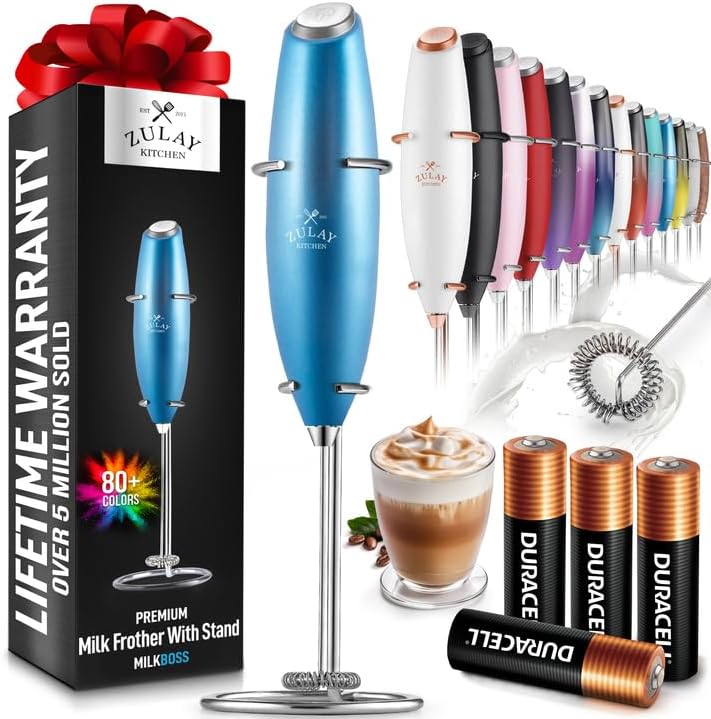 Zulay Kitchen Powerful Milk Frother Wand With 4 AA Duracell Batteries - Ultra Fast Handheld Drink Mixer - Electric Whisk Foam Maker for Coffee, Lattes, Cappuccino, Matcha & Creamer -
