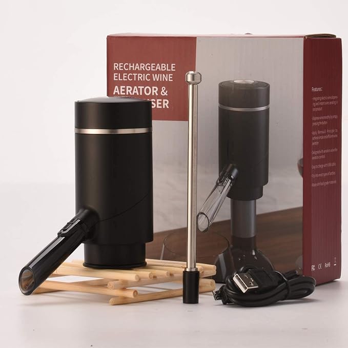 Electric Wine Aerator, Wine Dispenser Pump, Automatic Wine Pourer, Instant Wine Decanter, One-Touch Wine Oxidizer with Retractable Tube, Portable and USB Rechargeable, Matte Black