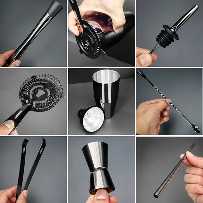 14-Piece Cocktail Shaker Set Bartender Kit with Black Stand, Bar Tool Set for Drink Mixing Bartending Kit Bar Sets Accessories: 750ml(25oz) Shaker, Jigger, Muddler, Cocktail Recipes (Black)