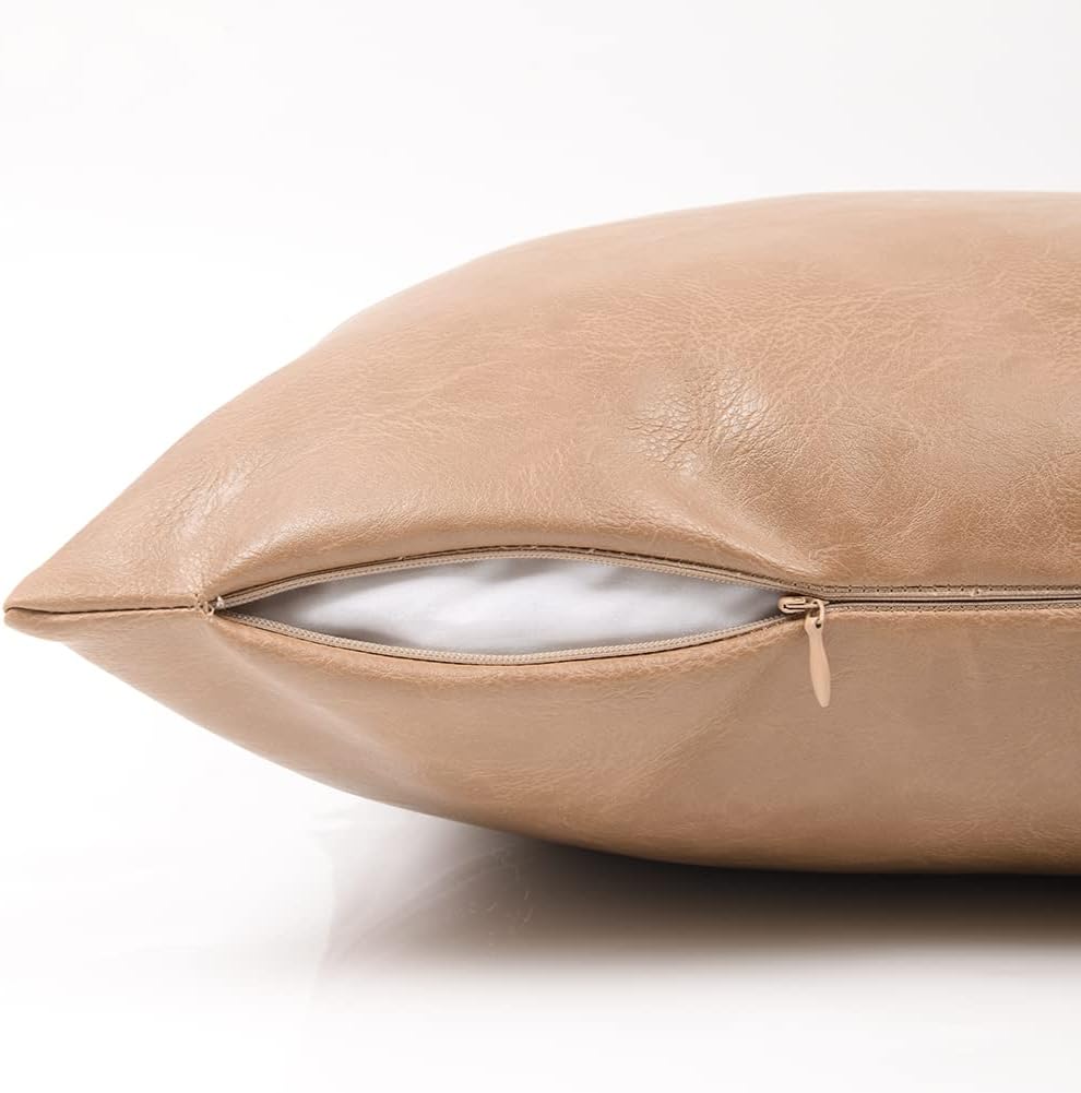 Fancy Homi Tan Decorative Throw Pillow Covers 18x18 Inch for Outdoor Couch Bed, Waterproof Faux Leather Hand Stitched Beige Square Cushion Case 45x45 cm, Modern Farmhouse Boho Home Decor