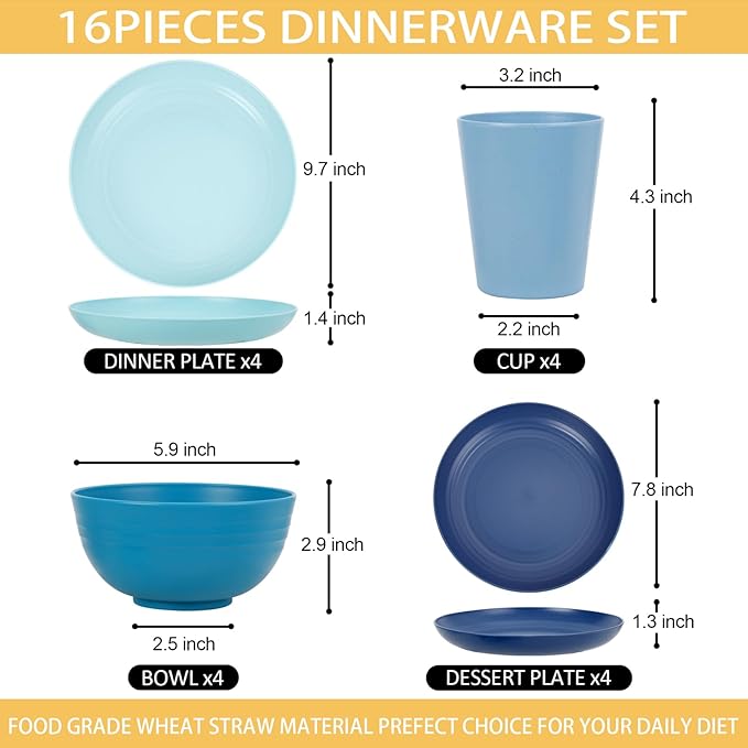 Rubtlamp 16pcs Wheat Straw Dinnerware Set, Unbreakable Plates And Bowls Sets of 4, Plastic Plates Set Reusable (Light Deep Four Colors) Daily