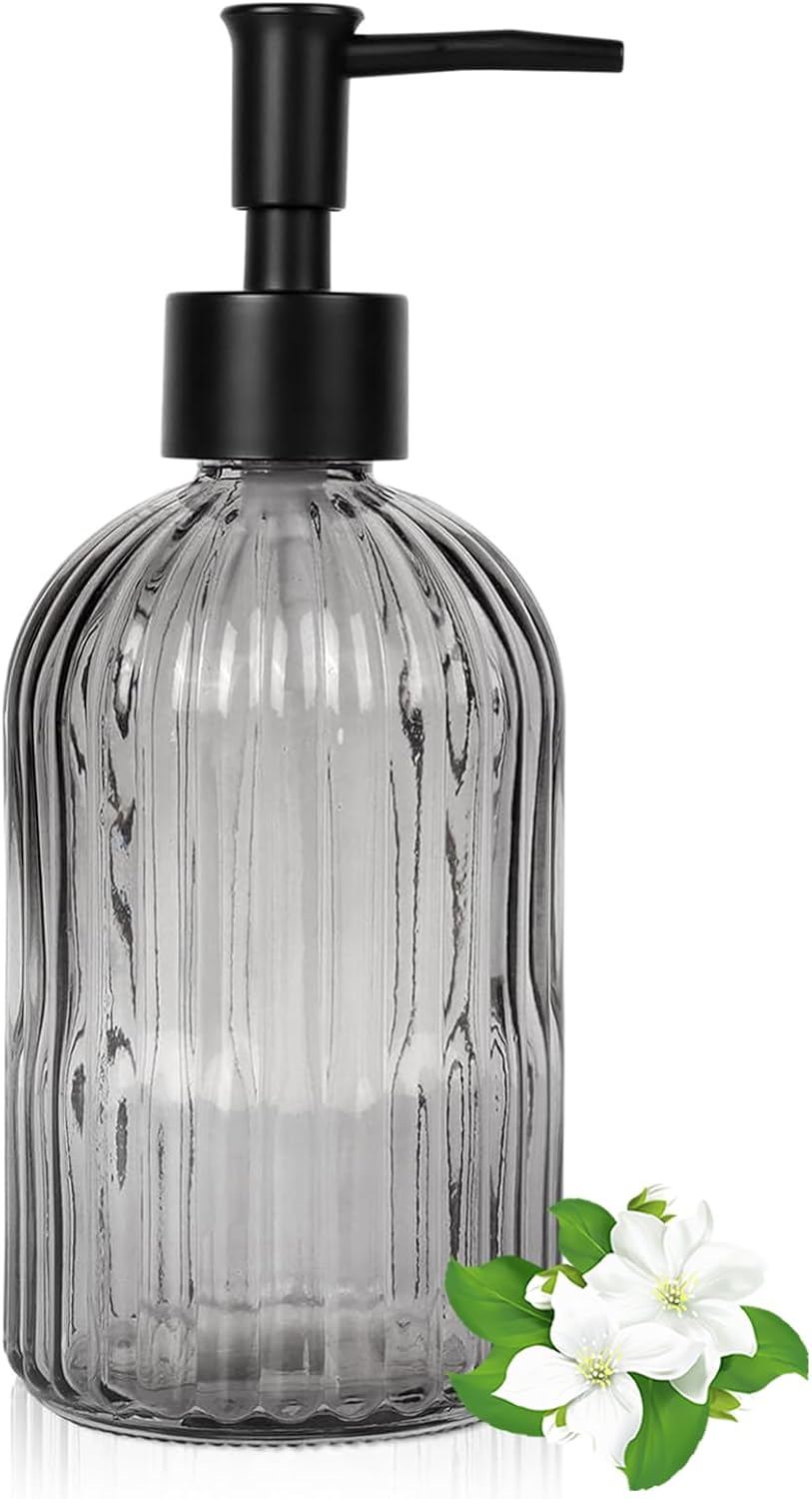 14Oz Black Pump Glass Soap Dispenser, Gray Stripe Countertop Refillable Liquid Bottle Hand Dish Lotion Dispenser with Plastic Pump, for Kitchen, Bathroom