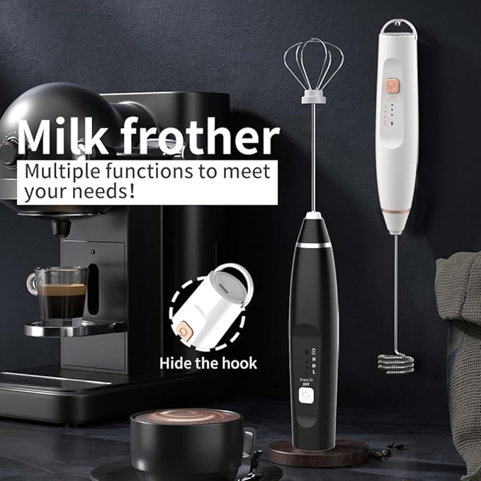Milk Frother Handheld Foam Maker with 2 Stainless Stirring Head 3 Speed Rechargeable Electric Blender Milk Frother Wand Drink Mixer for Cappuccino Matcha Latte Hot Chocolate Protein Powder Egg (Black)