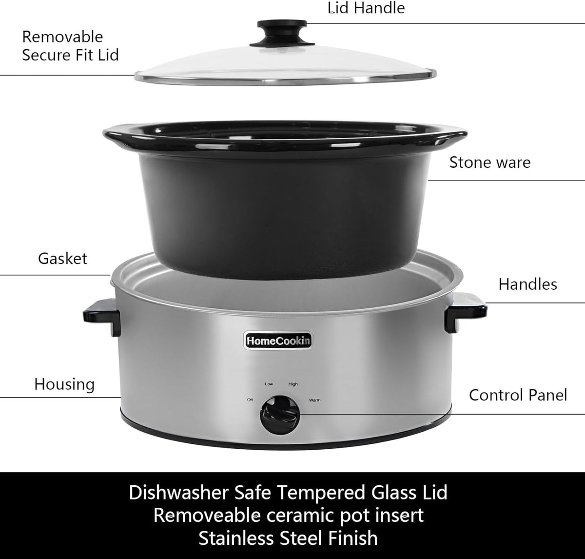 HOMECOOKIN 8 Quart Slow Cooker Oval Manual Pot Food Warmer with 3 Cooking Settings, Stainless Steel