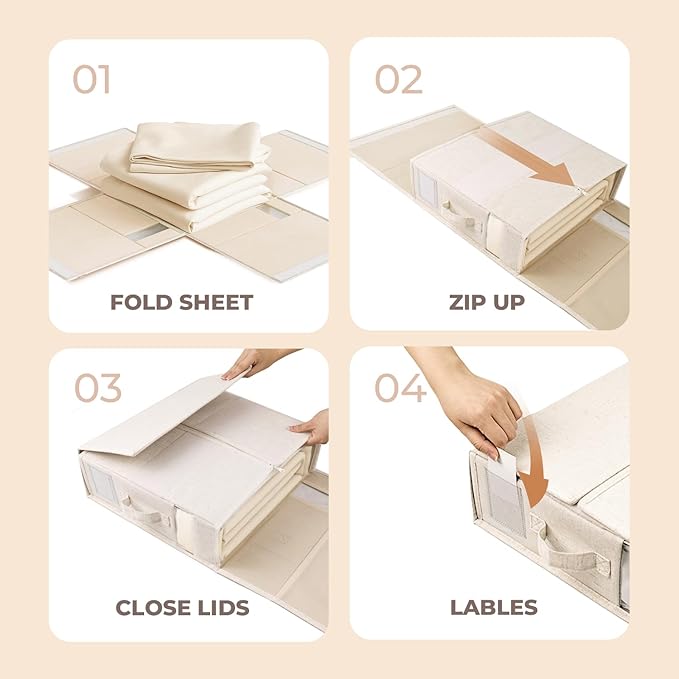8Pack Linen Sheet Organizers for Linen Closet - King/Queen Size Bedding Storage Boxes with Clear Window | Foldable, Dustproof Sheet Storage Organizer for Blankets & Sheet Sets,Off-white