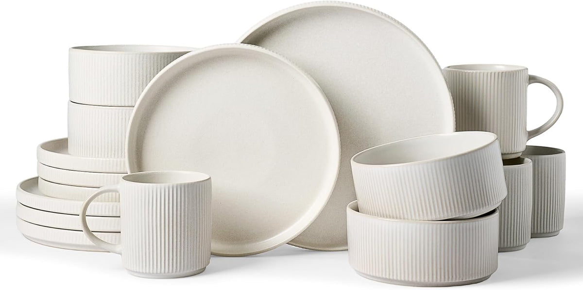 Famiware Star Dinnerware Set with Mugs, Service for 4 (16pcs), Ribbed Stoneware Plates and Bowls Dishes Sets - Chip & Scratch Resistant, Microwave & Dishwasher Safe, Matte White
