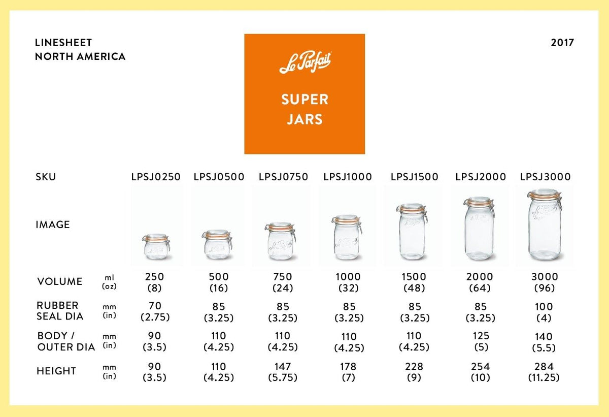Le Parfait Super Jar, Canning Jar, 2L French Glass Canning Jar w/Round Body, Glass Jar With Airtight Lid, Canning Jar Wide Mouth, Glass Jar With Lid, Clear Jars, Clear Glass Jars (64oz/2 Quarts, 1 pk)