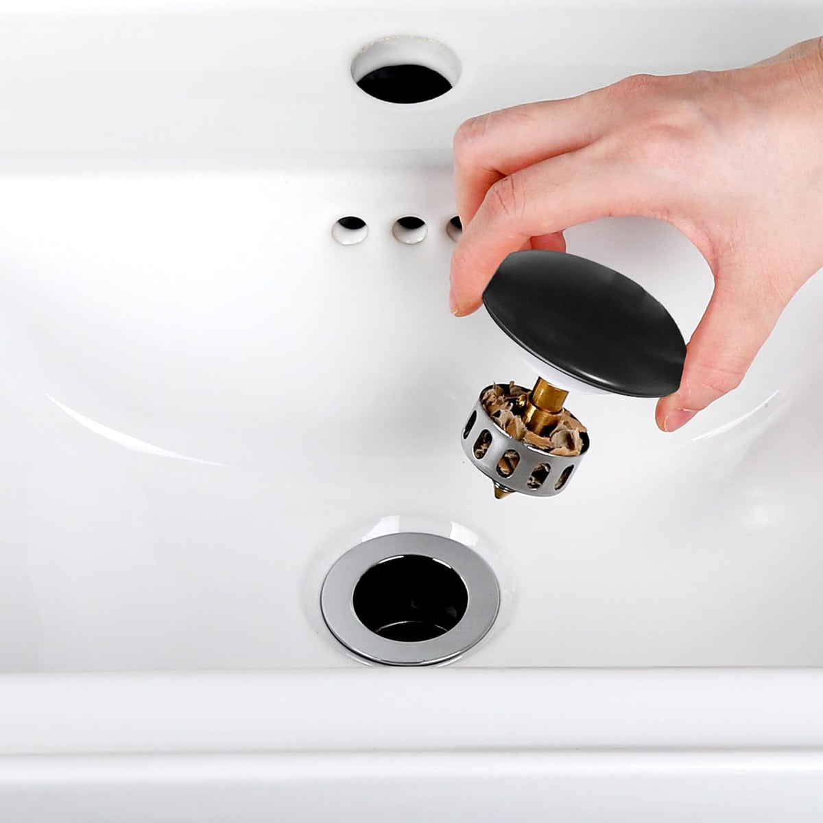 Bathroom Sink Drain Without Overflow, Ceramic Cap Pop Up Drain Stopper, Rustproof Brass and 304 Stainless Steel, Black