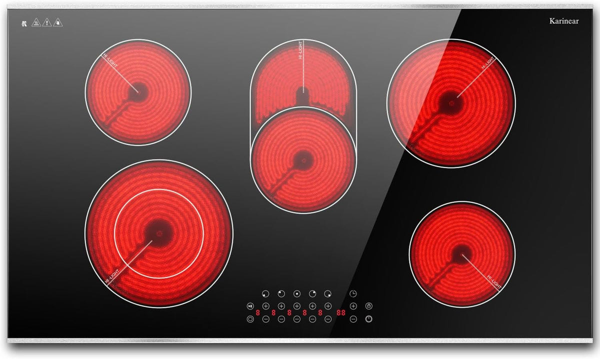 Karinear Electric Cooktop 36 Inch, 5 Burners Electric Stove Top, Built-in Glass Radiant Electric Ceramic Cooktop, Expandable Zones, Lock, Timer, Pause, Metal Edged Protection, 8400W 220~240v Hardwired