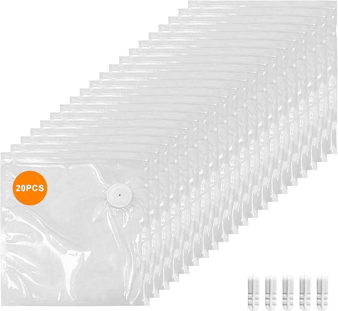 MEGAWISE Vacuum Zipper Bags 20Pcs (8.5 * 8.5in), BPA Free, Reusable Food Storage Bags with Air Valve for Sous Vide Cooking/Freezer/Microwave Heating, with 5 Seal Clips.
