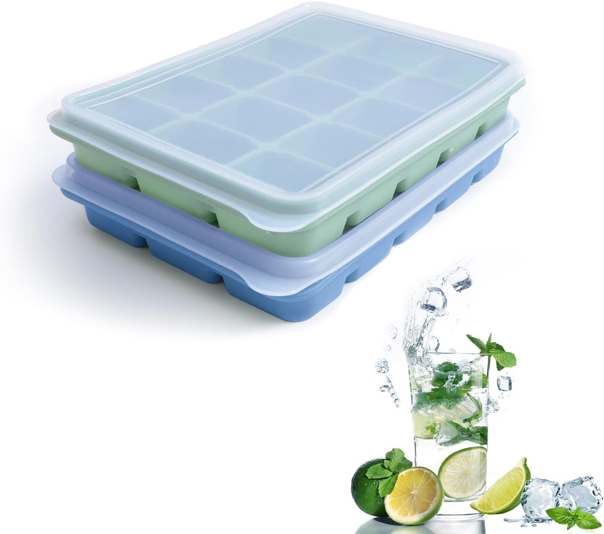 Ice Cube Trays Set of 2, Easy Release 15 Flexible Silicone Ice Cube Molds with Removable Lid Reusable Freezer Ice Trays Stackable for Whiskey, Baby Food, BPA Free (BLUE+GREEN)