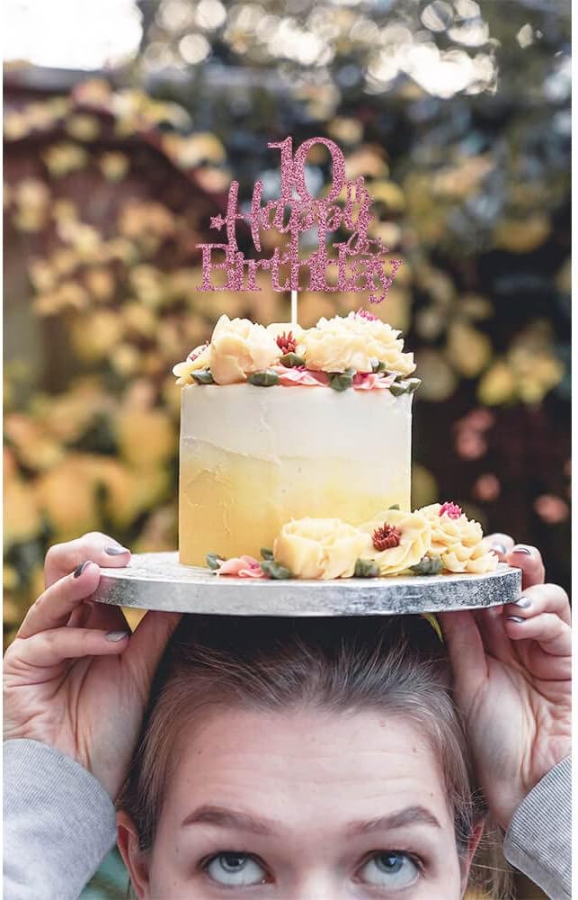 Glittery 10th Happy Birthday Cake Topper with Star,Personalised 10 Birthday Cake Toppers Party Decorations Party Supplies for Boys Girls Rose Gold