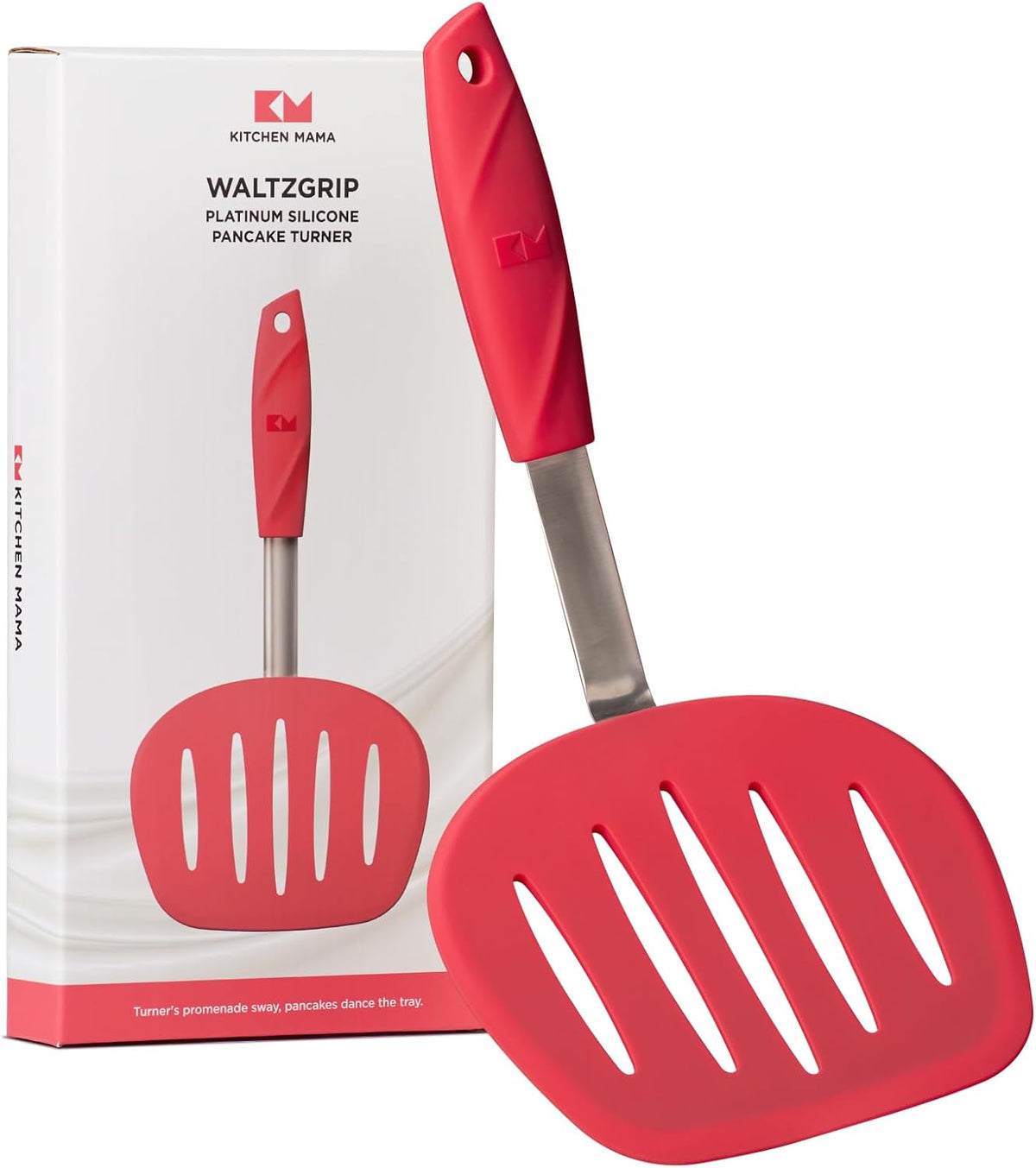 Kitchen Mama WaltzGrip Platinum Silicone Pancake Spatula Turner: Heat Resistant Flexible, Stainless Steel Core, Nonstick, Dishwasher Safe, Flipper – Ideal Kitchen Cookware for Eggs, Fish, Meat (Red)