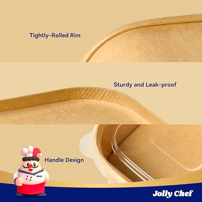 JOLLY CHEF 50 Pack Paper Food Containers with Lids, 19 oz Disposable Meal Prep Containers, Rectangular Paper Bowls with Lids for Thanksgiving, Christmas, Parties
