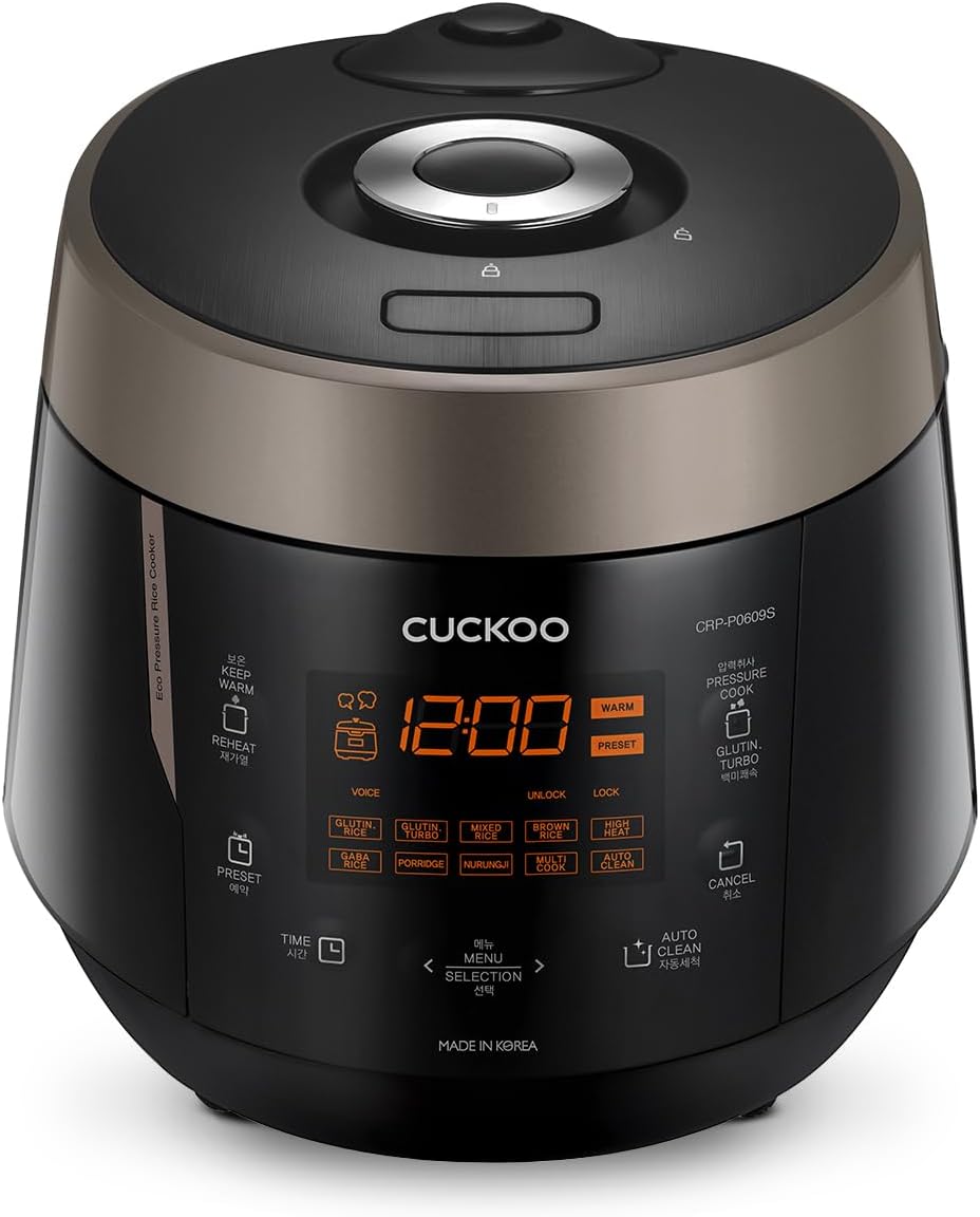 CUCKOO CRP-P0609S 6-Cup (Uncooked) / 12-Cup (Cooked) High Pressure Rice Cooker & Warmer with Nonstick Inner Pot, 12 Menu Options, Fuzzy Logic Tech, 3 Voice Guide, Auto Clean (Black/Copper)
