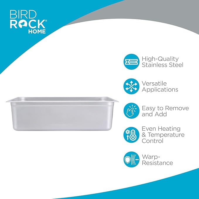 BIRDROCK HOME Stainless Steel Steam Table Pan - Hotel, Restaurant & Catering Supplies - 24 Gauge Steel, 21.3 qt Capacity - Meal Prep, Cooking, & Food Storage Container - 6" Depth, Full-Size (6 Pack)