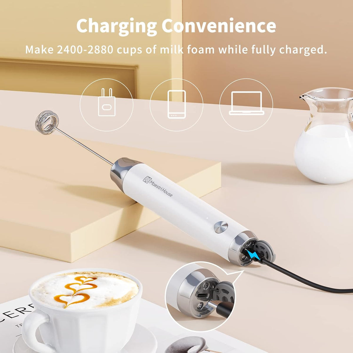 Maestri House Rechargeable Milk Frother with Stand, LunaFro Handheld Electric Foam Maker Waterproof Detachable Stainless Steel Whisk Drink Mixer Foamer for Lattes, Cappuccino
