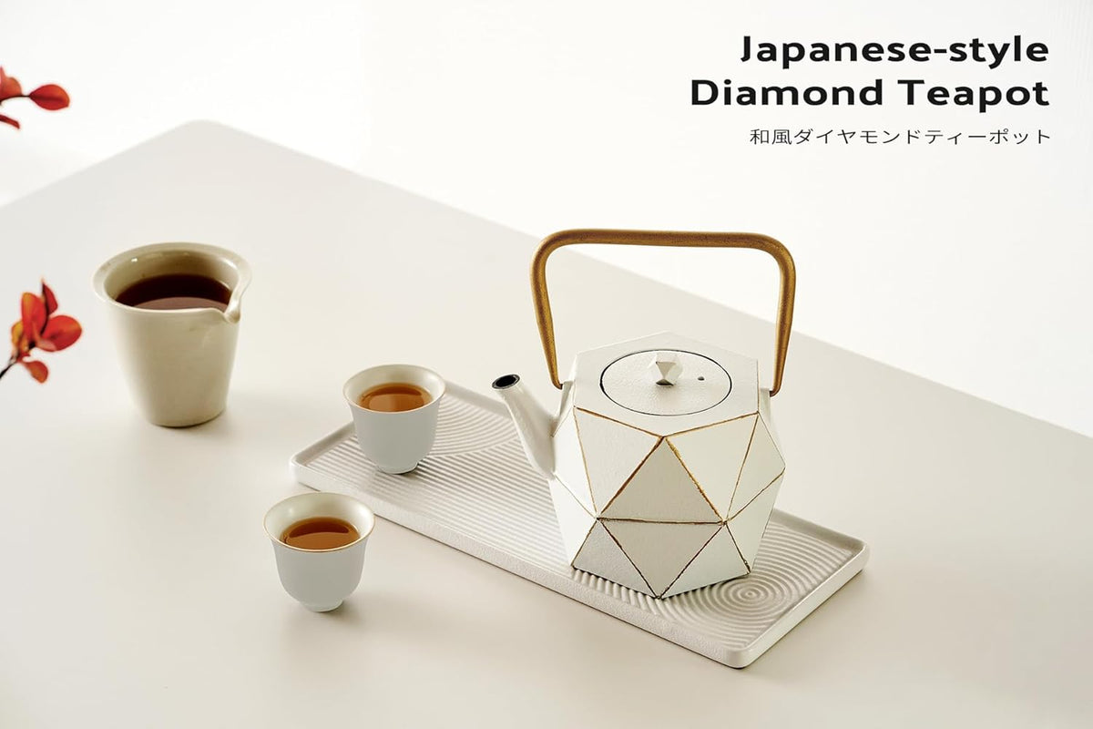 Toptier Cast Iron Teapot, Stovetop Safe Japanese Cast Iron Tea Kettle, Diamond Design Tea Pot with Removable Infuser for Loose Tea, 30 Ounce (900 ml), White