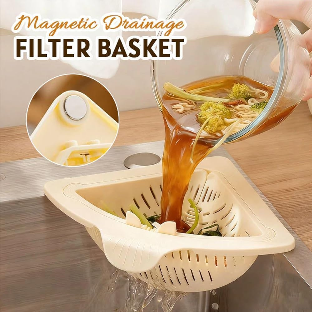Magnetic Drainage & Filter Basket, Punch-Free Triangular Sink Strainer with Twist-Open Bottom, Strong Magnetic Fixation, Corner Kitchen Organizer for Washing Fruits & Vegetables(Color b)