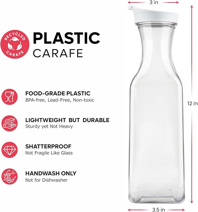 GUSTO [50 oz - 6 Pack] Plastic Carafe with Lid, Large Capacity Square Base - Clear Pitcher with Flip Top Lid, Easy-Pour Spout Juice Containers with Lids - Perfect for Mimosa Bar, Water, and Cold brew