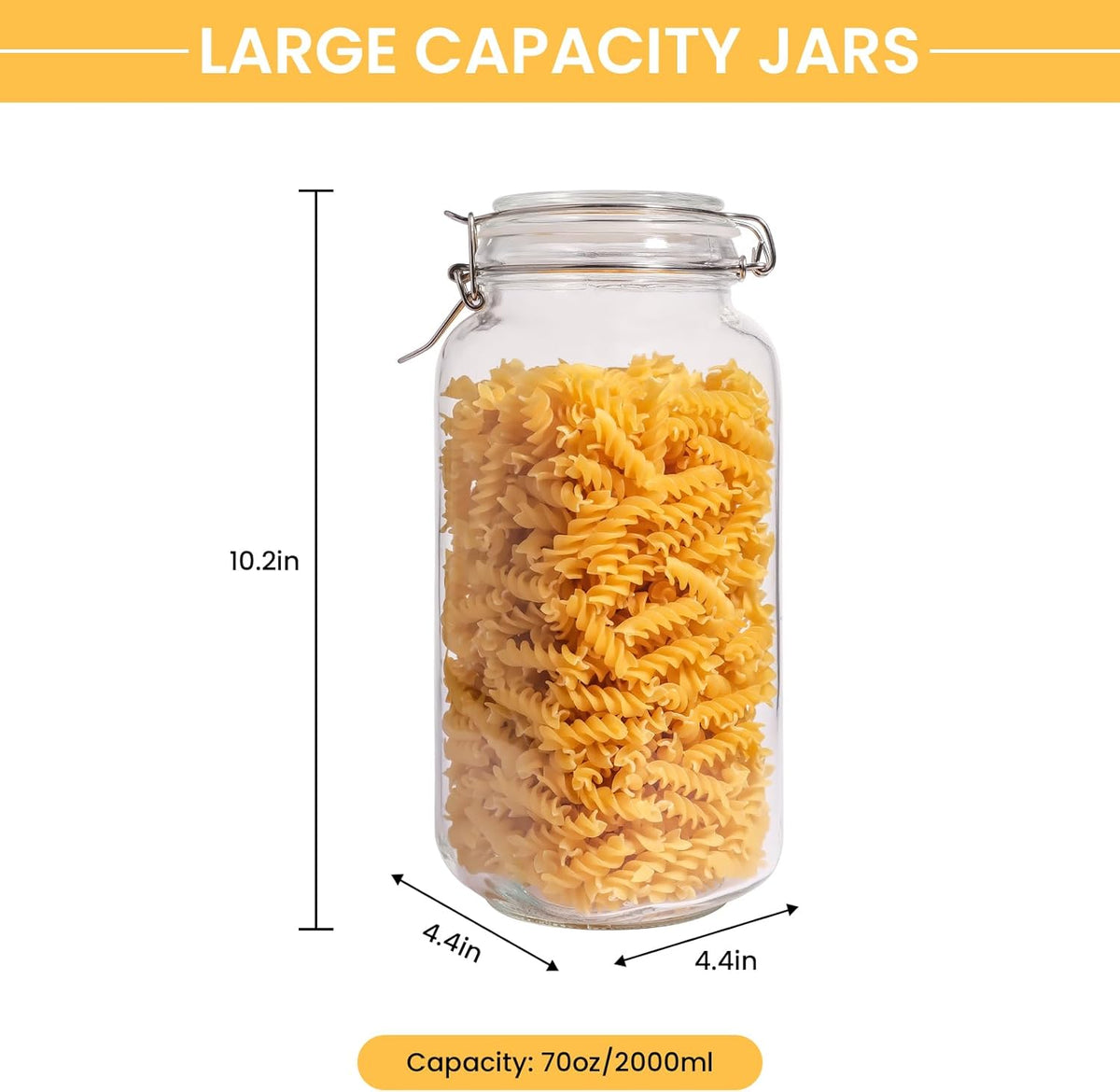 Glass Jars with Airtight Lid, Large Glass Food Storage Jars, 3 Pack Wide Mouth Airtight Glass Jars ffor Flour, Cereal, Coffee, Pasta and Canning(70OZ)